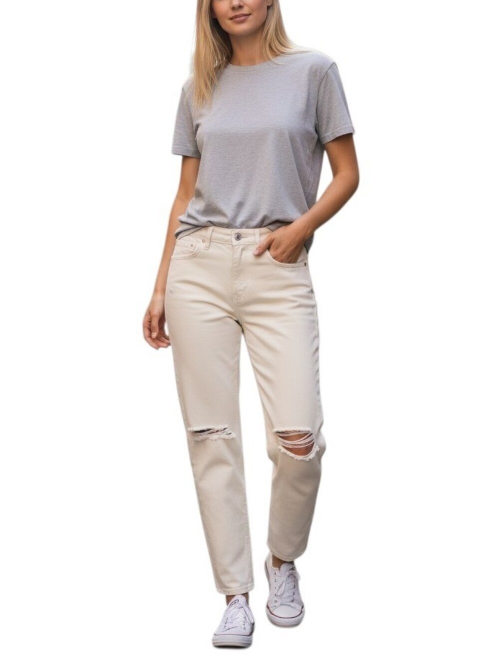 Mango NWT Cream Relaxed Distressed Women's Mid Waist Jeans Size 8